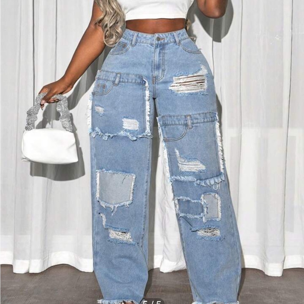 SHEIN Blue Flare Wide Leg Jeans with Distressed Design